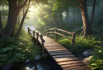 wooden bridge over a stream in a fairytale forest