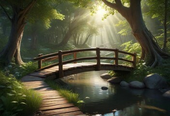 wooden bridge over a stream in a fairytale forest