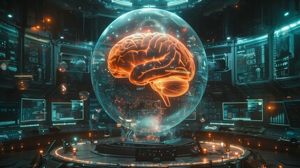 Wall Mural - A contemporary research facility showcases a glowing brain model surrounded by high-tech equipment and screens, emphasizing cutting-edge medical advancements.