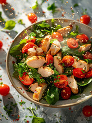 Wall Mural - Fresh and vibrant chicken salad with tomatoes and greens