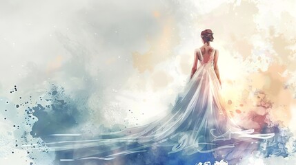 Watercolor painting of bride in a long wedding dress on an abstract background. Concept of wedding attire, bridal gown, artistic illustration, elegant fashion. Copy space