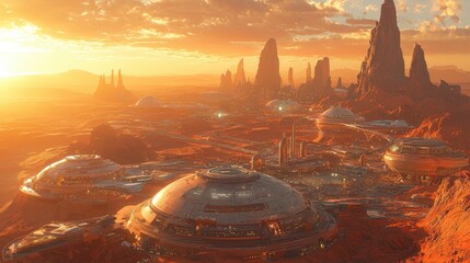 Wall Mural - A computer-generated scene of a terraformed Mars, with futuristic cities under protective domes and red landscapes, 8K detail, style by idea24club