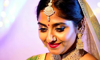 Wall Mural - Close-up portrait of an Indian woman in her 40s against a pastel or soft colors background wearing sherwani