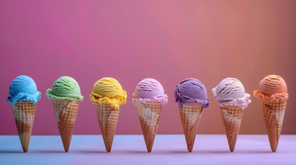 Wall Mural - Vibrant Ice Cream Scoops in Waffle Cones Against Pastel Background