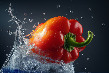 A fresh bell pepper falling into water