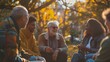 © CottageCore - A diverse group of friends enjoys a lively conversation in a sunny autumn park.