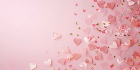Wall Mural - pink background with various heart-shaped confetti. romantic and festive design.