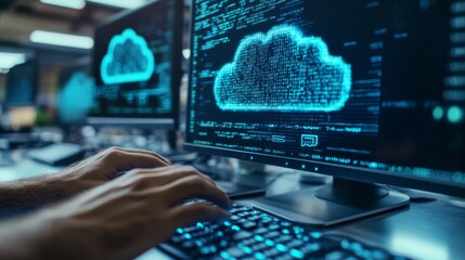 Wall Mural - A programmer types swiftly on a keyboard while focused on coding and cloud data displayed on the computer screen in a contemporary office environment