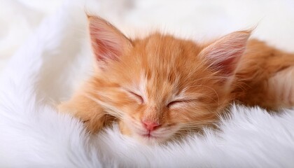 Cute little red kitten sleeps on fur white blanket