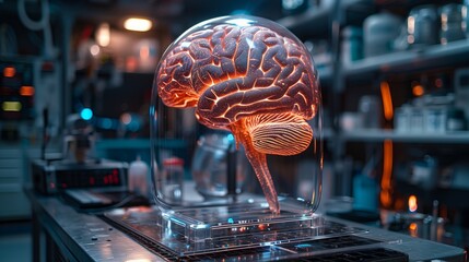 Wall Mural - A holographic brain model is illuminated inside a glass dome in a dimly lit laboratory, showcasing intricate details amid various scientific equipment.