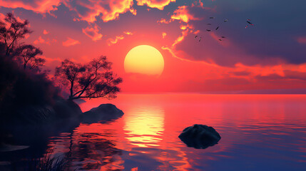 Wall Mural - A beautiful sunset over a calm lake