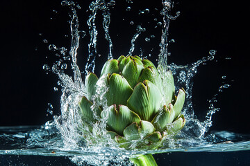 A whole artichoke creating a splash when dropped into water with bright studio lights