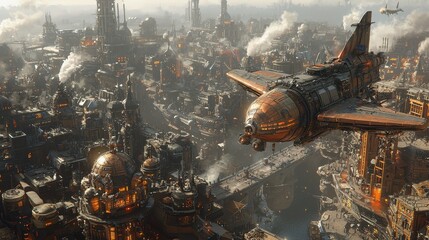 Wall Mural - A hyper-detailed CGI image of a steampunk city with airships, mechanical buildings, and intricate details, style by idea24club