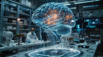 Wall Mural - a high-tech laboratory showcases a holographic representation of a brain, illustrating cutting-edge 