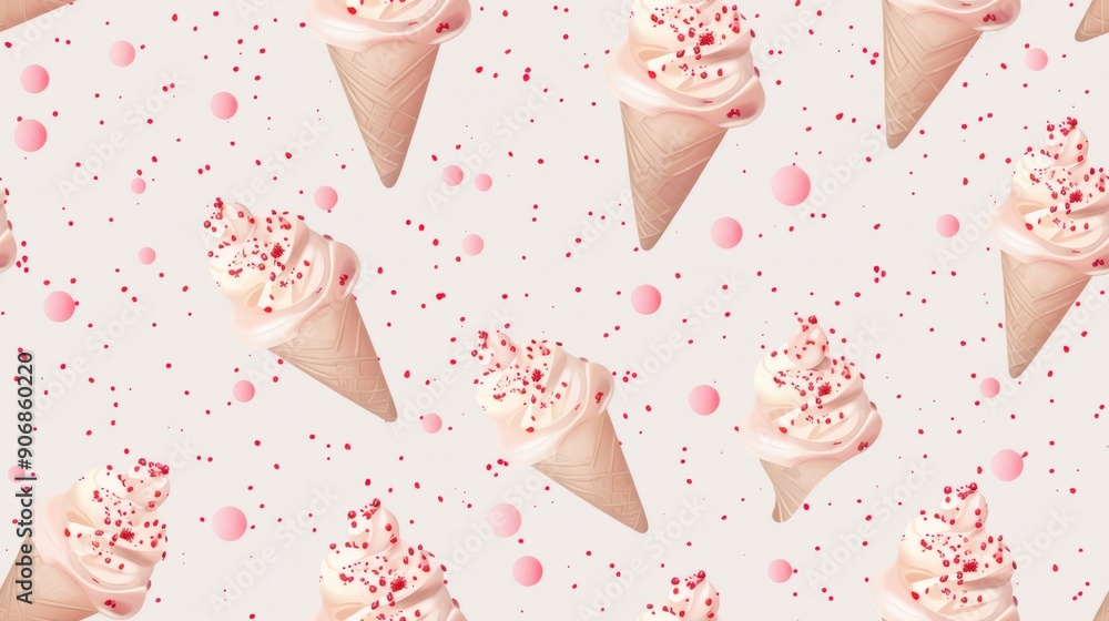 Seamless pattern of ice cream cones with pink sprinkles on a light ...