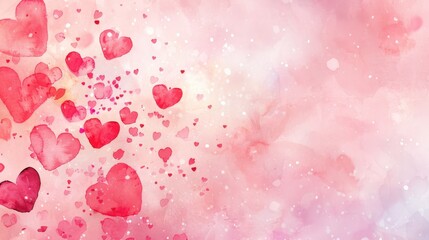 Wall Mural - watercolor hearts of varying shades of pink and red scattered on a soft pastel background, evoking a