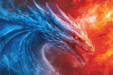 Sticker - A Close-Up of a Dragon's Head with Blue and Red Scales