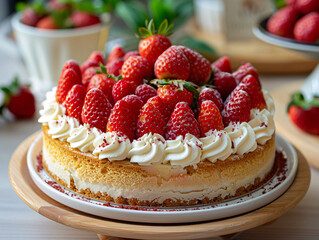 Wall Mural - a tray of fresh strawberries cake with whipped cream on top, possibly a dessert.