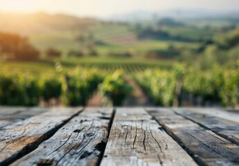 Sunlit Vineyard Landscape With Wooden Table in the Foreground