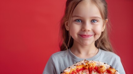 studio portrait of smiling caucasian girl 8-10 years old holding delicious fresh pizza, red background, copyspace