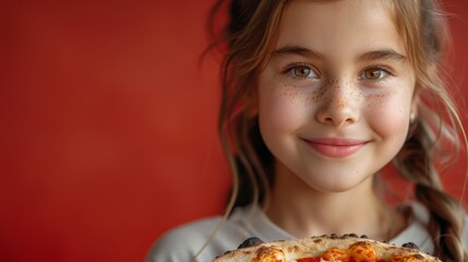 studio portrait of smiling caucasian girl 8-10 years old holding delicious fresh pizza, red background, copyspace