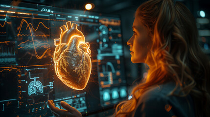 A professional studies a glowing holographic heart in a modern medical environment, showcasing advanced technology and medical research.