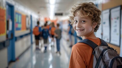 smiling schoolboy in hallway