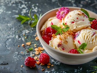 Wall Mural - Artisanal Ice Cream Bowl with Fresh Fruit and Herbs in Rustic Kitchen Setting Copy Space