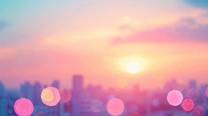 Wall Mural - abstract blurred cityscape at sunset, featuring a vibrant, warm color palette with hues of orange, p