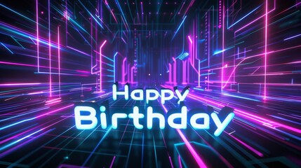 Wall Mural - A vibrant display of colorful neon lights creates an energetic atmosphere wishing a happy birthday in a futuristic setting.