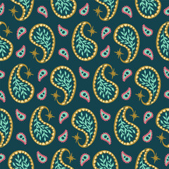 Wall Mural - Seamless pattern with paisley motifs. Teal boho background. Indian traditional design.