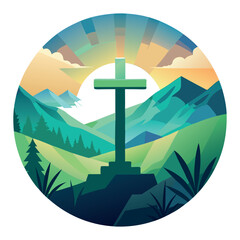 Vibrant colorful modern abstract cross of Christ on mountains at sunset.  
