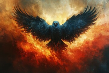 Wall Mural - Black Bird Soaring Through Fiery Sky