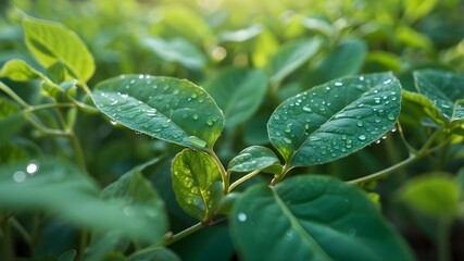 Wall Mural - Close-up of vibrant green soybean leaves shimmering in the gentle morning light and coated in dew