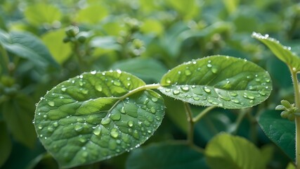 Wall Mural - Close-up of vibrant green soybean leaves shimmering in the gentle morning light and coated in dew