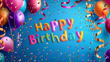 Poster - Colorful balloons, streamers, and confetti celebrate a birthday.