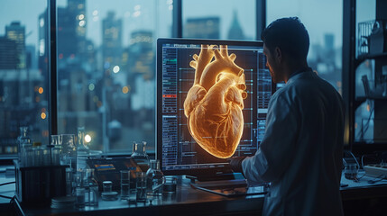 Wall Mural - A researcher analyzes a holographic heart representation on a large screen in a modern lab overlooking a city skyline at twilight.