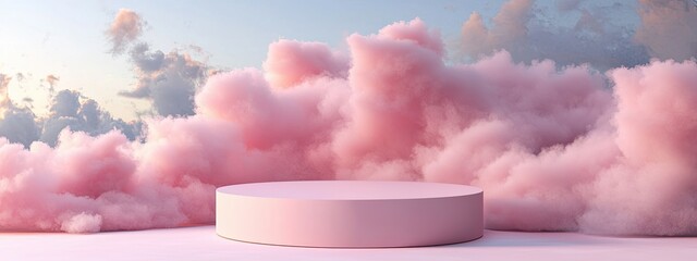 Sticker - Background podium pink product sky platform display 3D abstract pastel. Stage podium pink background stand dreamy space render beauty romantic light white scene cosmetic placement backdrop minimal.