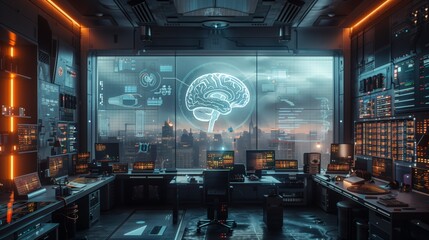 Wall Mural - An advanced laboratory features glowing digital screens displaying brain functions as dusk approaches, surrounded by high-tech equipment and monitors.