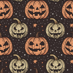 Seamless Pattern Halloween Jack-o-lantern Stars Dark Background Art Illustration Wallpaper