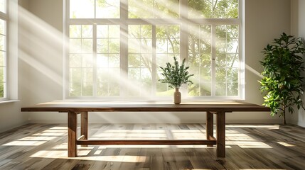 Canvas Print - Bright and Airy Wooden Table in Sunlit Room Ideal for Product Showcase