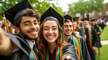 Wall Mural - Graduates proudly pose for a selfie, showing their excitement and camaraderie on their special day, surrounded by greenery and classmates