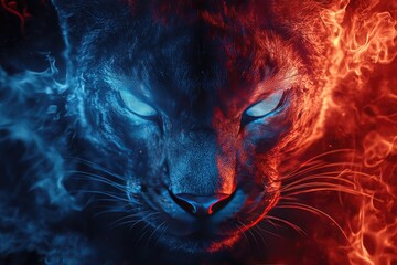 Poster - A Tiger's Face Divided by Fire and Ice