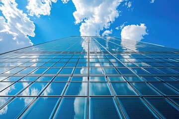 A stunning view of a glass skyscraper reflecting clouds and blue sky, showcasing modern architecture and vibrant urban design.