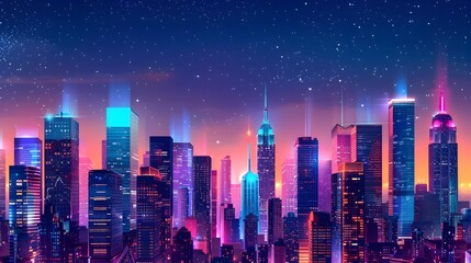 Canvas Print - Glowing Neon Cityscape with Towering Buildings and Vibrant Nightlife Scene