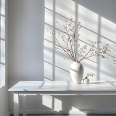 Canvas Print - Bright Empty White Table in Minimalist Studio with Natural Lighting for Professional Product Display