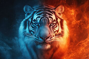 Poster - White Tiger in a Dualistic Universe of Fire and Ice