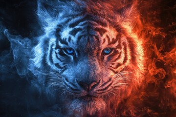 Wall Mural - Close-up of a White Tiger with Blue Eyes in Fire and Smoke