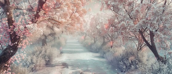 Wall Mural - a scenic image of a snowy landscape with pink blossoms on trees by a river, creating a serene and dr