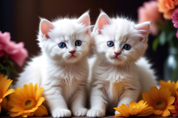 Two little white kittens surrounded by flowers.